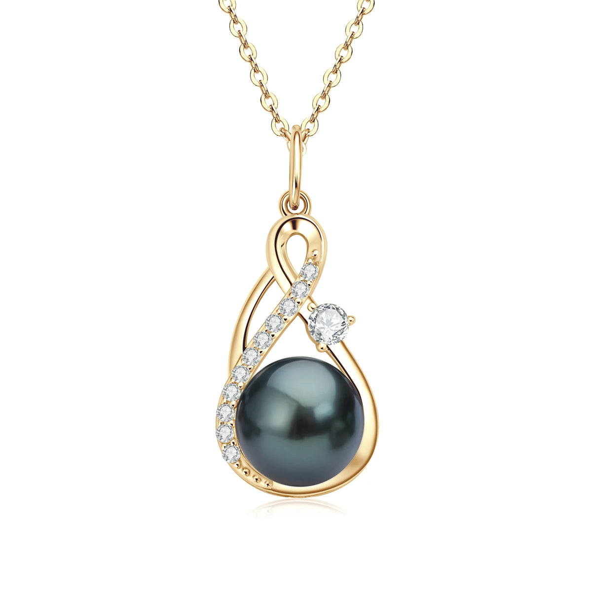 Black Pearl & Moissanite Infinity Pendant Necklace - 14K Yellow Gold Plated Sterling Silver