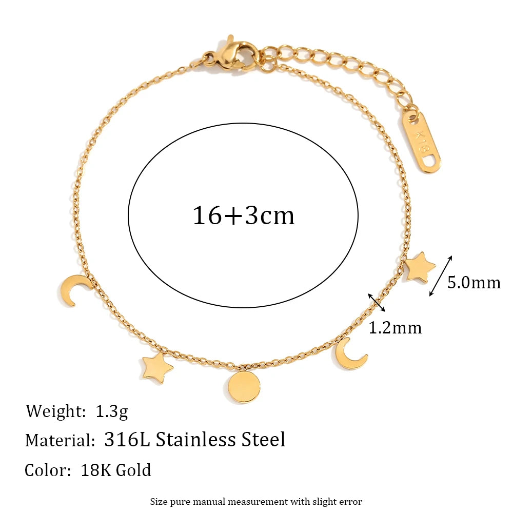Waterproof Star Moon Sun Charm Bracelet - 18K Gold Plated