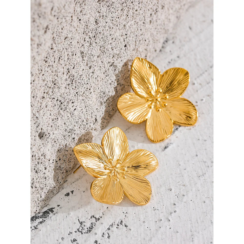 Waterproof Golden Flower Stud Earrings - 18K Gold Plated Stainless Steel