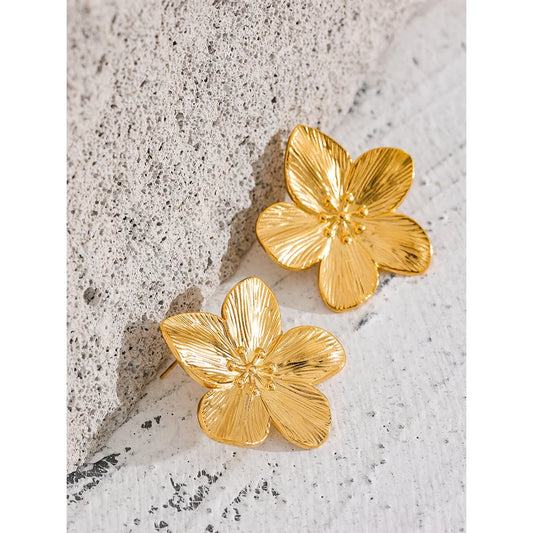 Waterproof Golden Flower Stud Earrings - 18K Gold Plated Stainless Steel