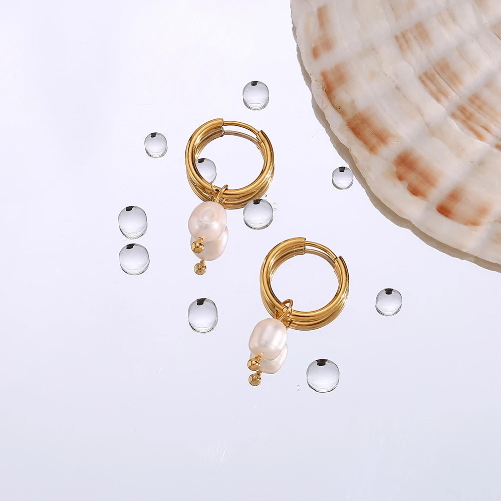 LillyFleur Waterproof Minimalist Pearl Charm Hoop Earrings - 18K Gold Plated