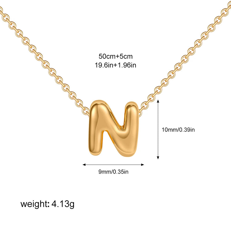 3D Bubble Initial Letter N in 18K Gold-Plated Stainless Steel size 10mmx9mm and chain 50cm+5cm