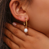 Waterproof Freshwater Pearl Drop Hoop Earrings - 18K Gold Plated