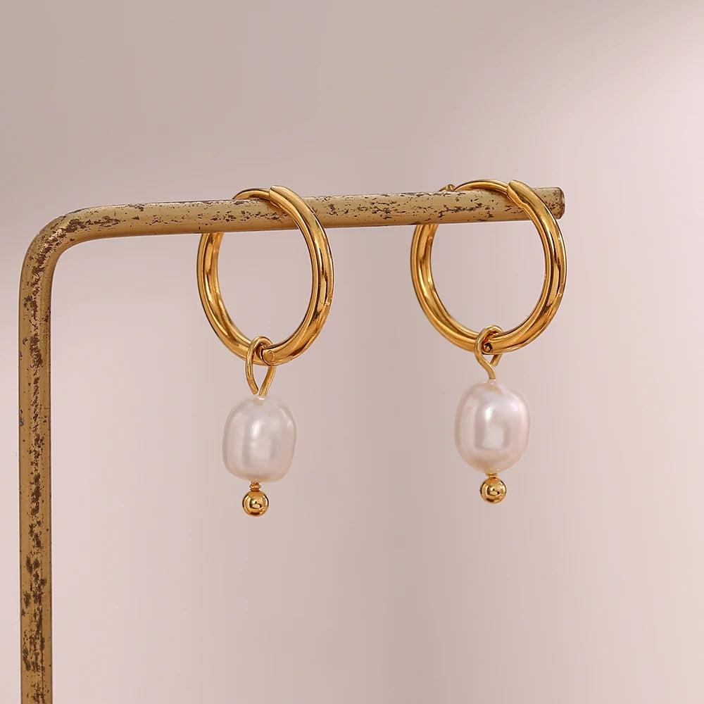 LillyFleur Waterproof Minimalist Pearl Charm Hoop Earrings - 18K Gold Plated