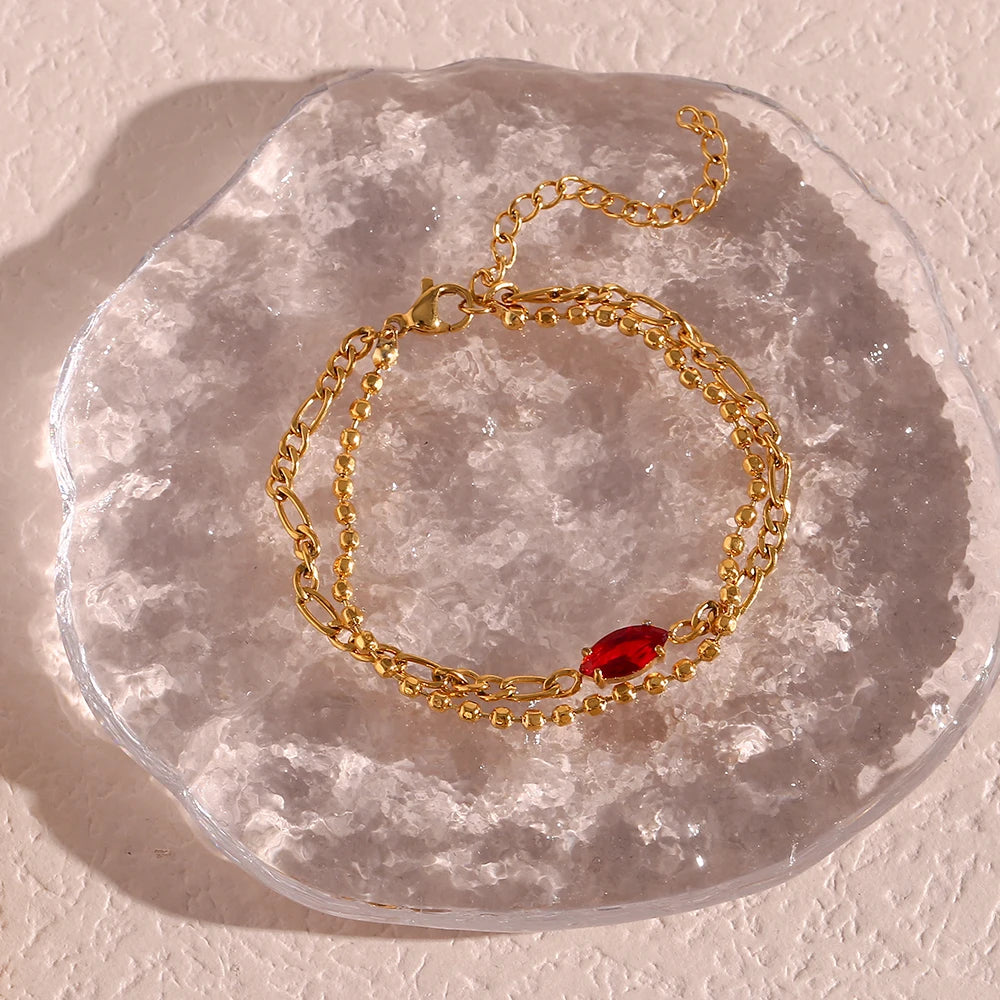 Waterproof Elegant Double Layer Beaded Chain Bracelet with red gem- 18K Gold Plated 