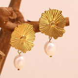 Waterproof Pearl Flower Stud Earrings - 18K Gold Plated