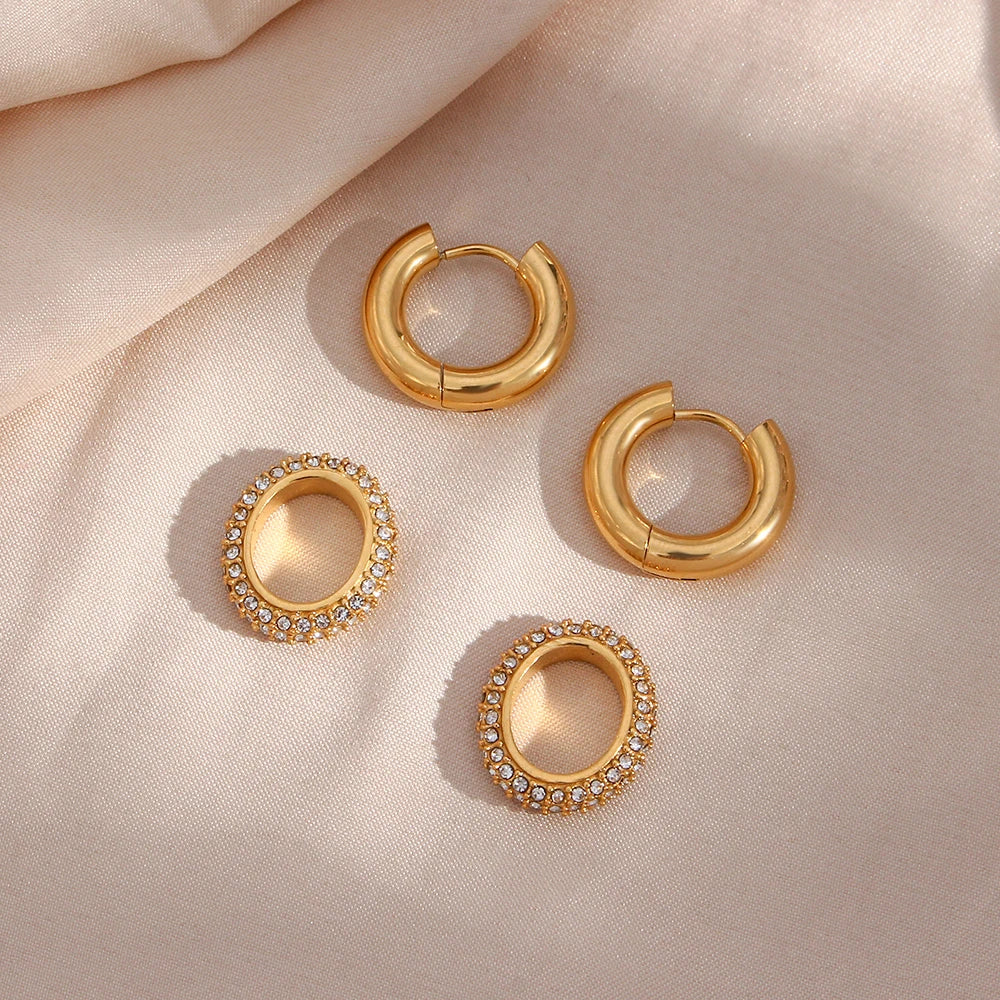 Waterproof Glossy Crystal Hoop Earrings - 18K Gold Plated