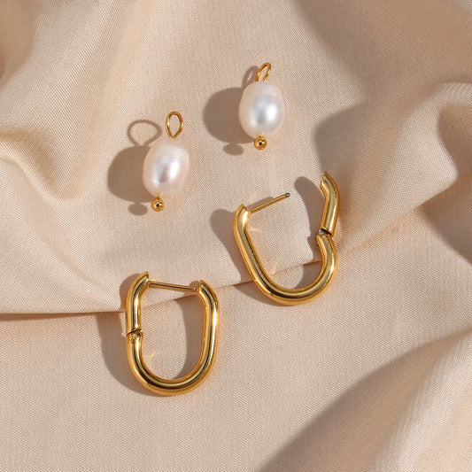 Waterproof Freshwater Pearl Drop Hoop Earrings - 18K Gold Plated