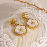 Waterproof Pearl Shell Pansy Flower Earrings - 18K Gold Plated