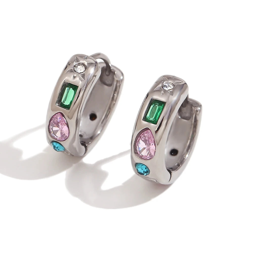 LillyFleur Waterproof Colorful Zircon Hoop Earrings in Silver Color