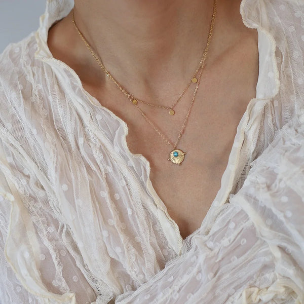 model wearing Waterproof Bohemian Double Layer Necklace in 18K Gold-Plated Stainless Steel