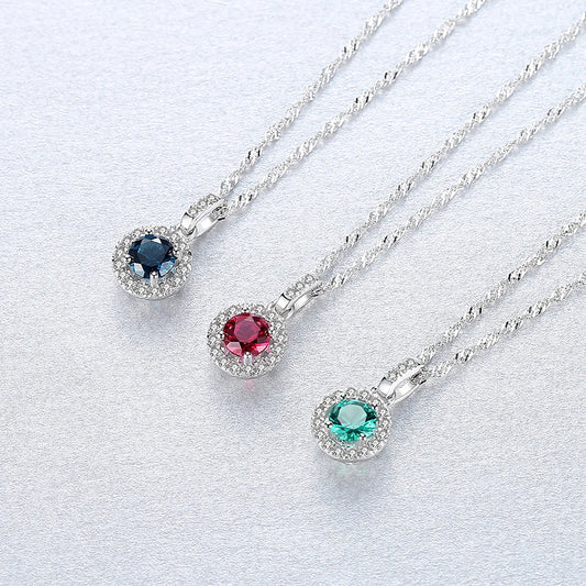 Halo Pendant Necklace in Sterling Silver / Mixed Stones / Blue Red Green