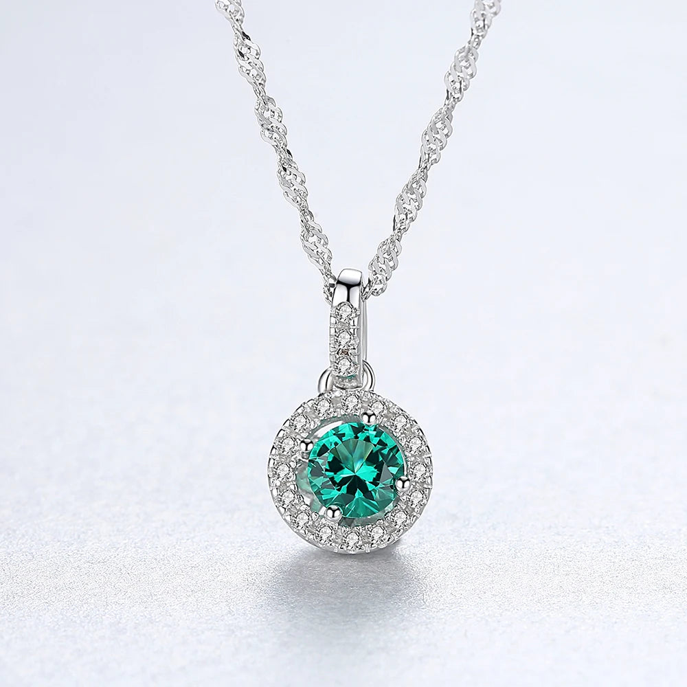 Halo Pendant Necklace in Sterling Silver and Green Stone