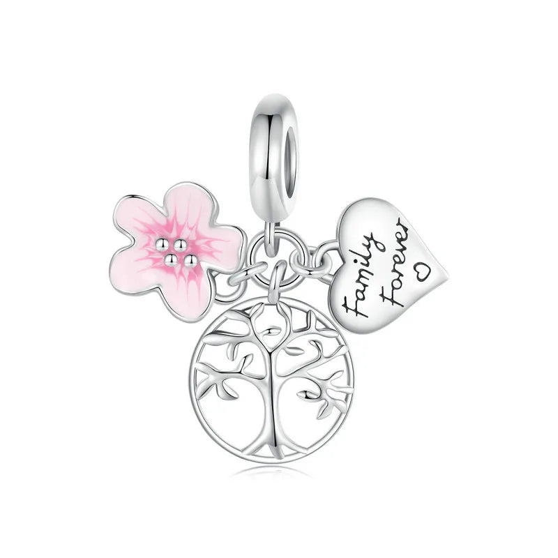 Tree of Life and Pink Flower Charms in Silver