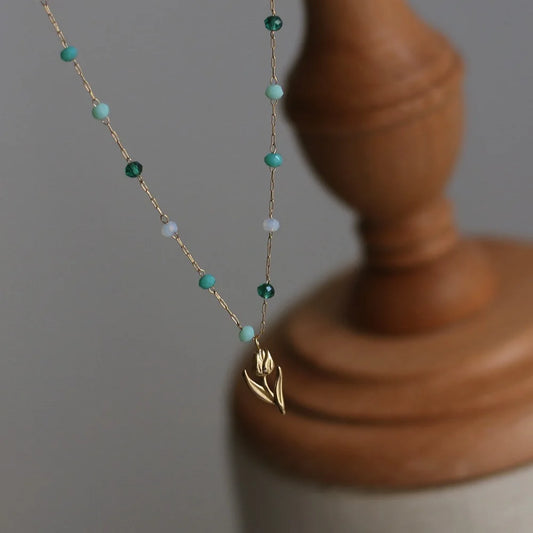 Waterproof Tulip Pendant & Blue Beads Necklace 18K Gold-Plated Titanium Steel