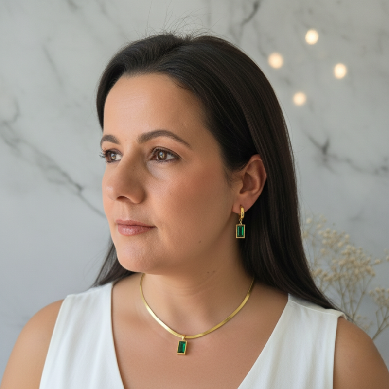 model wearing Waterproof Elegant Green Zircon Necklace & Earrings Set – 18K Gold Plated