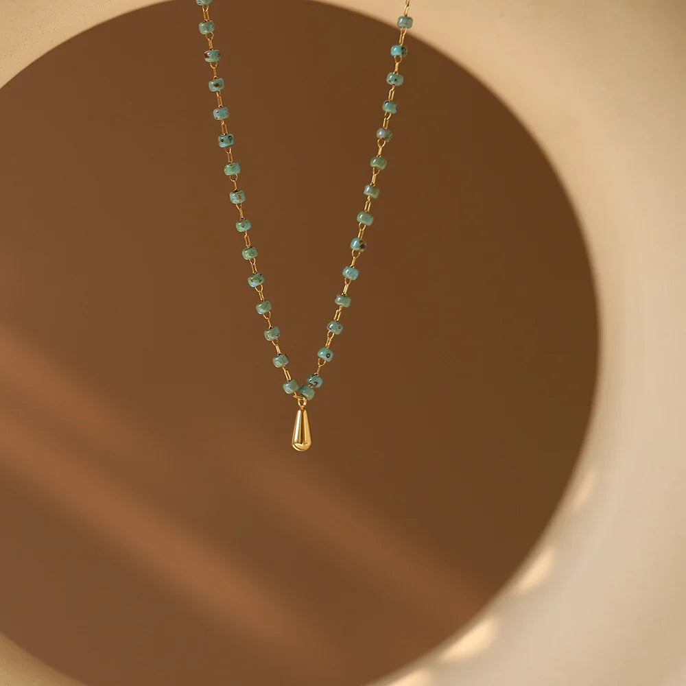 Waterproof Vintage Bead Chain Water Drop Pendant Necklace in 18K Gold Plated Stainless Steel