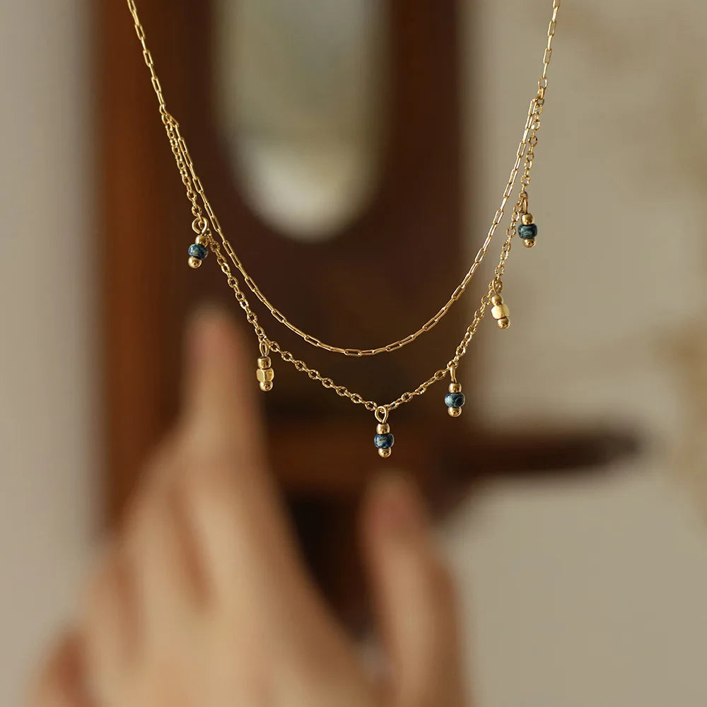 Waterproof Vintage Blue Bead Tassel Necklace in 18K gold Plated Stainless Steel