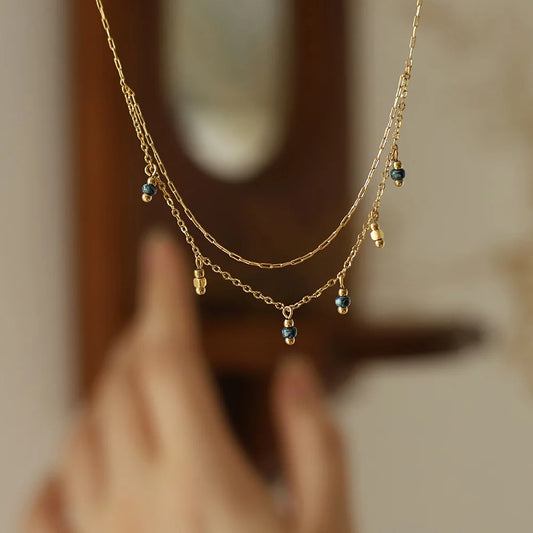 Waterproof Vintage Blue Bead Tassel Necklace in 18K gold Plated Stainless Steel