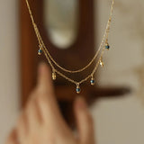 Waterproof Vintage Blue Bead Tassel Necklace in 18K gold Plated Stainless Steel
