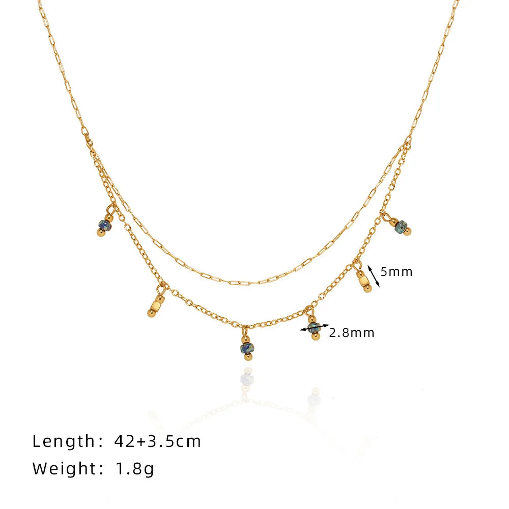 Waterproof Vintage Blue Bead Tassel Necklace in 18K gold Plated Stainless Steel