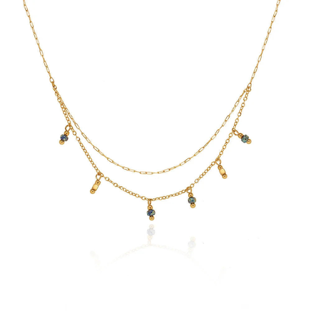 Waterproof Vintage Blue Bead Tassel Necklace in 18K gold Plated Stainless Steel