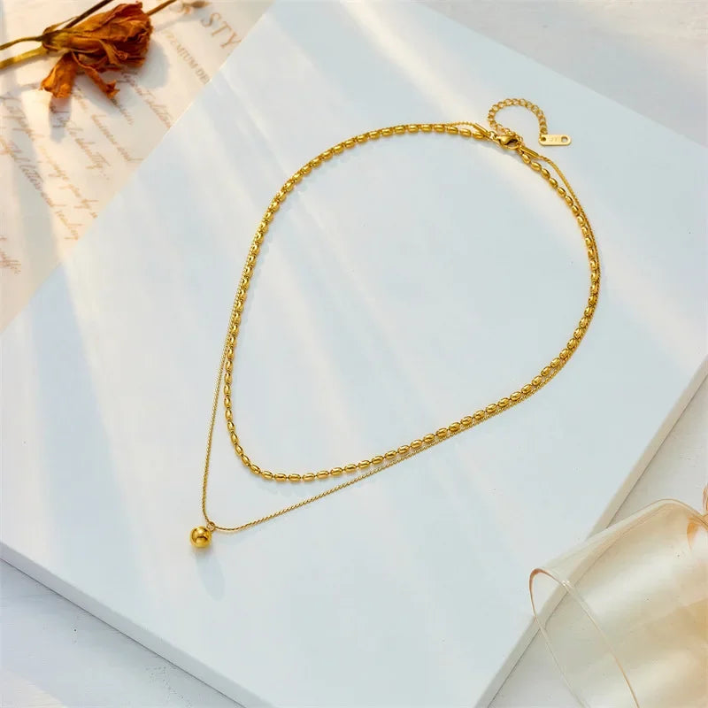 Double Layered Ball Bead Chain Pendant Choker Necklace in 18K Gold-Plated Stainless Steel - Timeless Layers