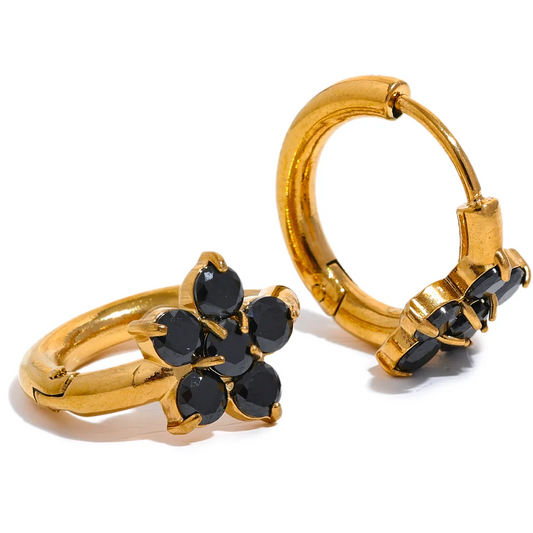 Waterproof Black Flower Hoop Earrings - 18K Gold Plated
