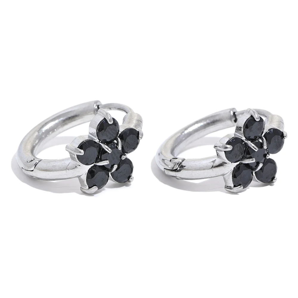 Waterproof Black Zirconia Flower Hoop Earrings in Stainless Steel