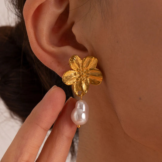 Model wearing Waterproof Cherry Flower Pearl Earrings - 18K Gold Plated