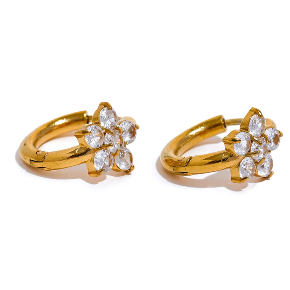 Waterproof Clear Zirconia Flower Hoop Earrings - 18K Gold Plated