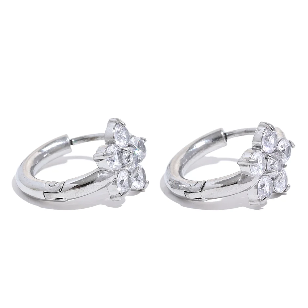 Waterproof Clear Zirconia Flower Hoop Earrings in stainless steel