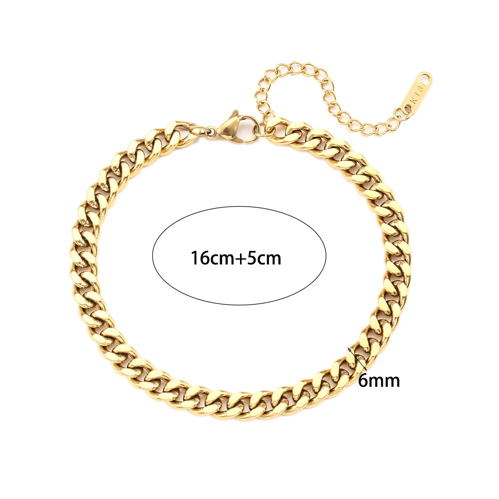 Waterproof Cuban Chain Anklet 18K Gold Plated, Medium 16+5cm size and 6mm thickness