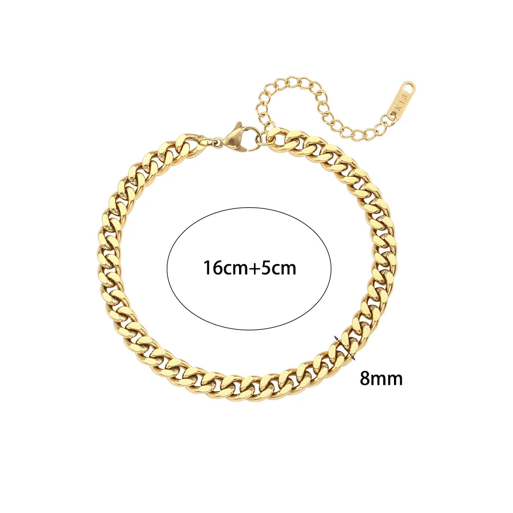 Waterproof Cuban Chain Anklet 18K Gold Plated, size 16+5cm and thickness 8mm