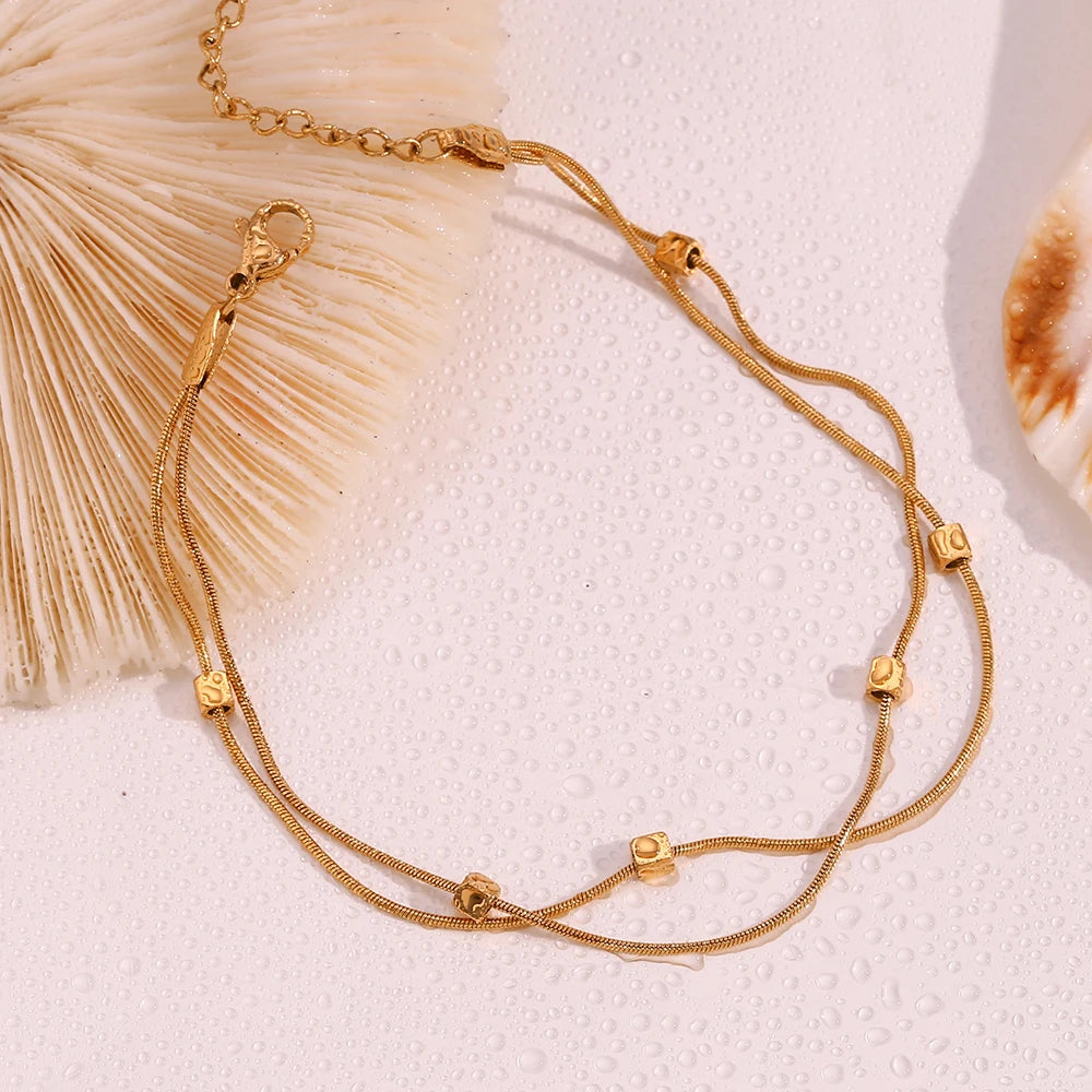 Waterproof Double Layer Anklet with square beads in 18K Gold Plated stainless steel