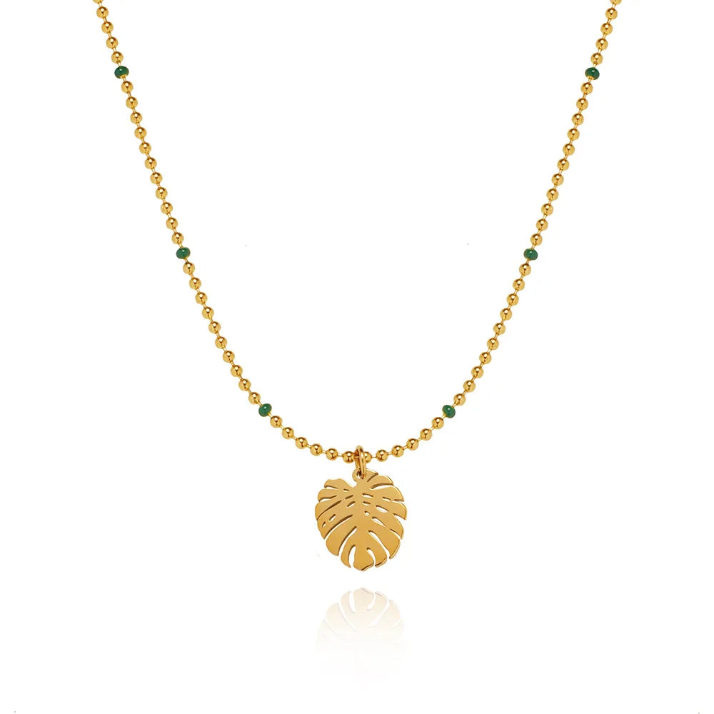 Waterproof Gold Leaf Pendant Necklace in 18K Gold Plated Stainless Steel