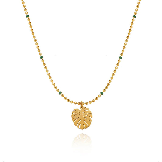 Waterproof Gold Leaf Pendant Necklace in 18K Gold Plated Stainless Steel