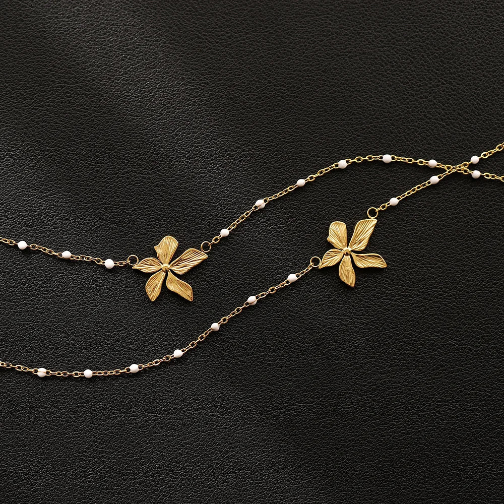 Waterproof Gold Petal Pendant Necklace with White Beads BG Black