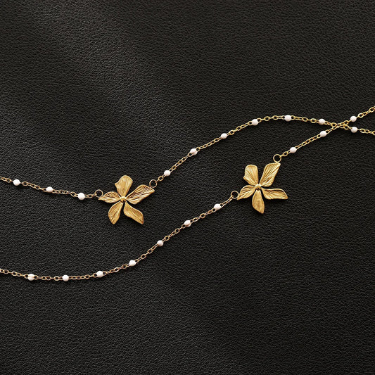 Waterproof Gold Petal Pendant Necklace with White Beads BG Black