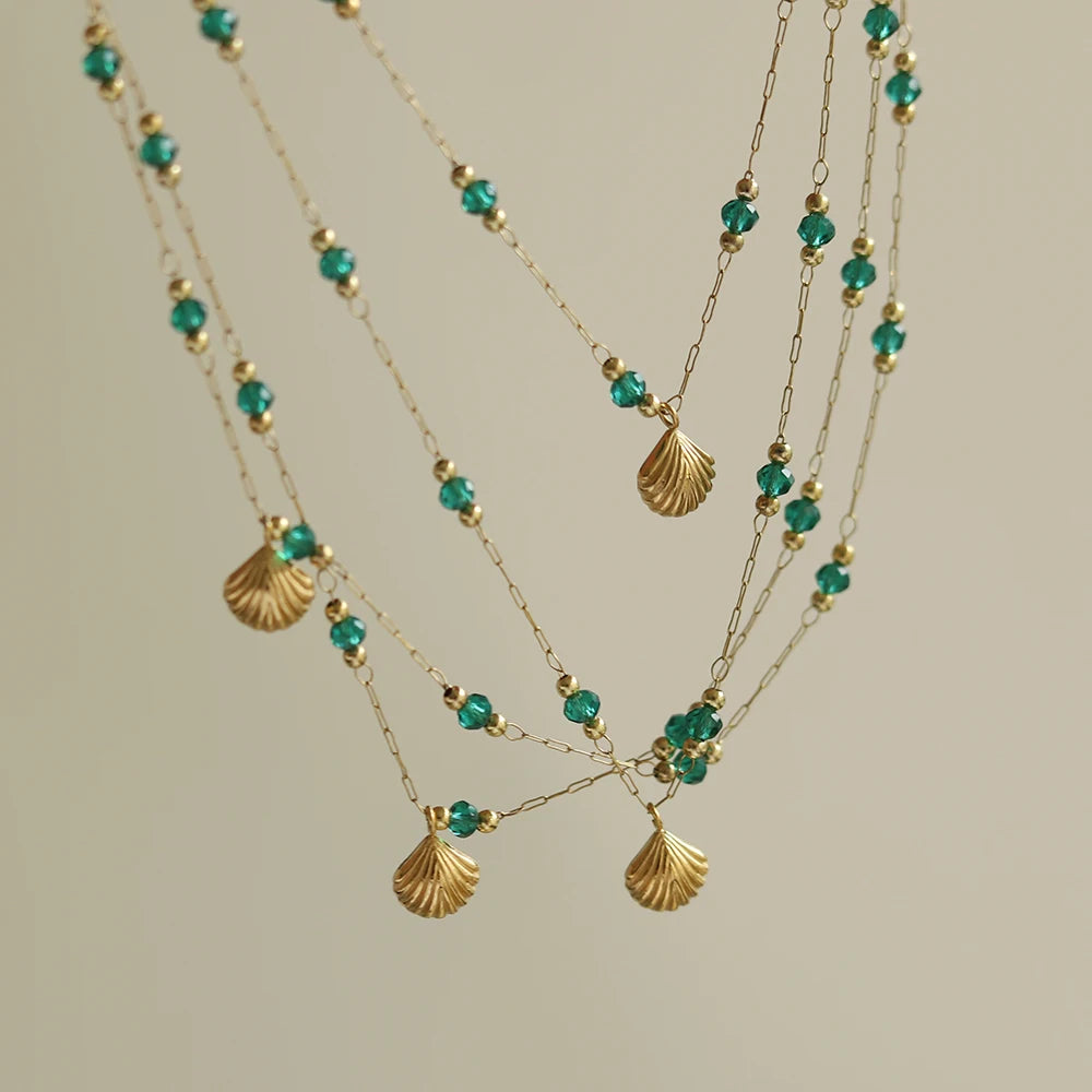 Waterproof Green Bead Shell Pendant Necklace. Crafted with 18K gold-plated stainless steel