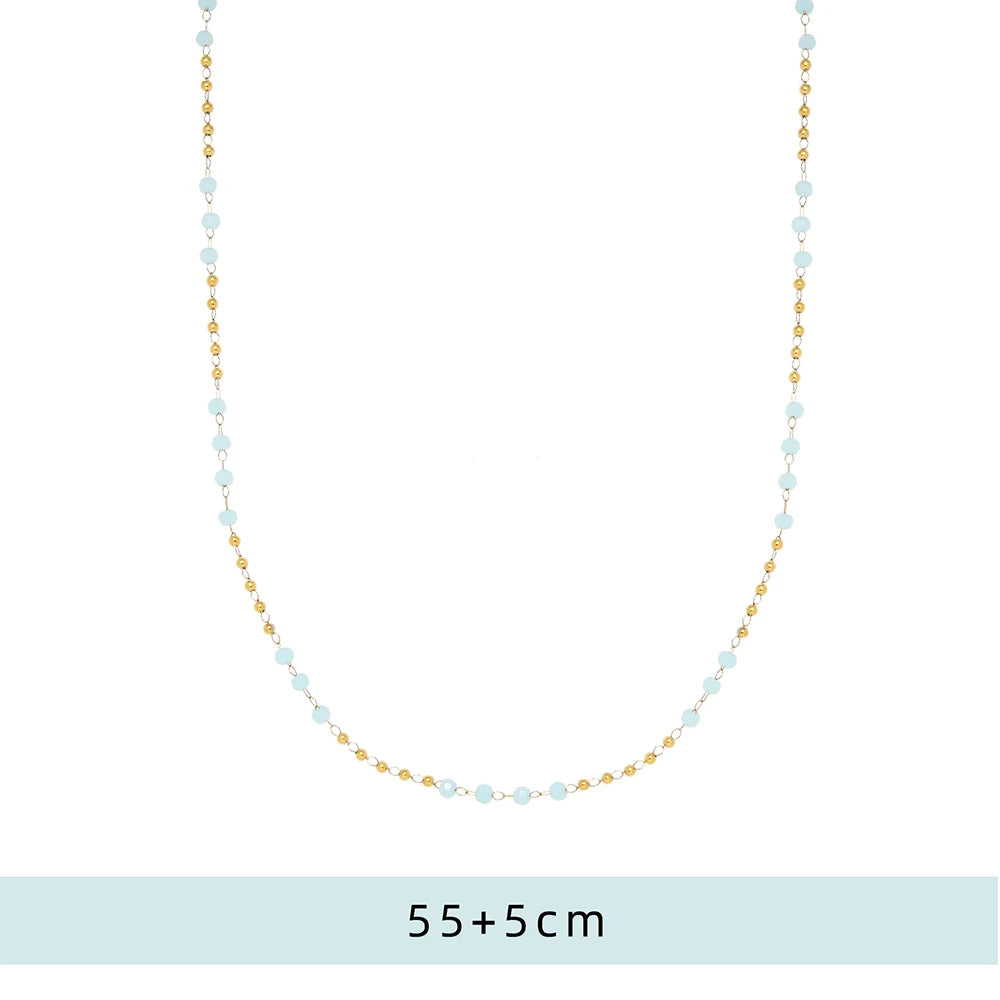 Waterproof Light Blue Bead Necklace in 18K Gold Plated Stainless steel