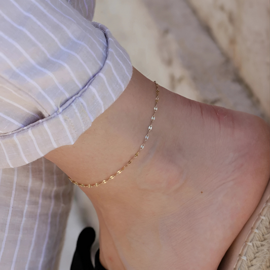 Waterproof Minimalist Anklet 18K Gold Plated on a foot