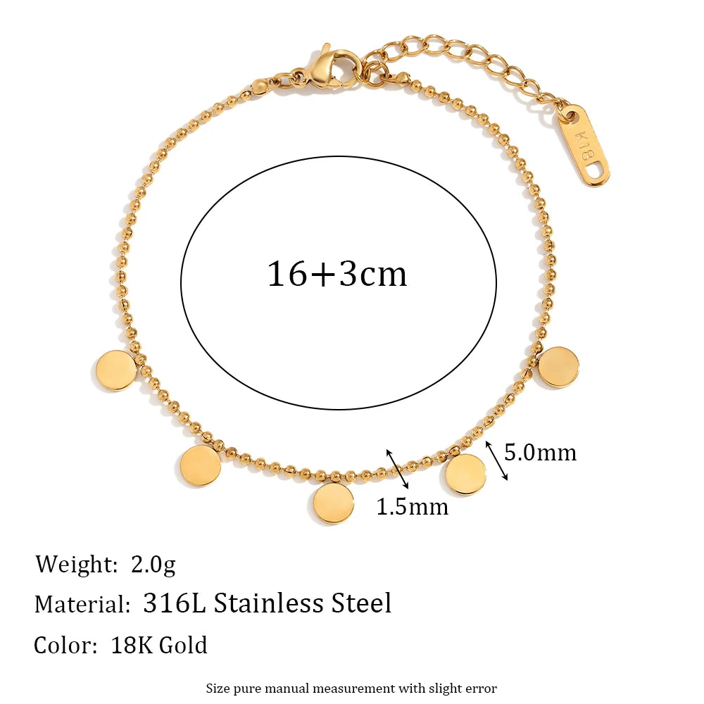 Waterproof Minimalist Stainless Steel Beaded Charm Bracelet - 18K Gold Plated 16+3cm
