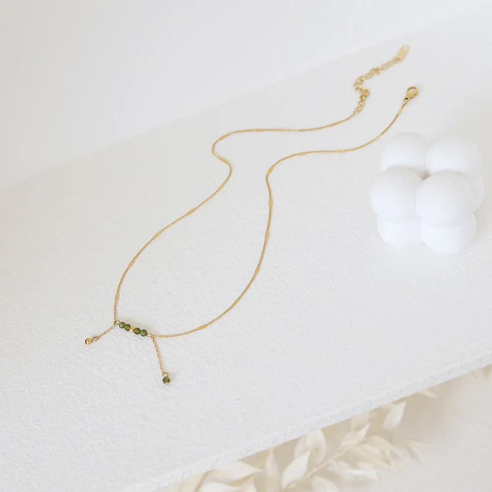 Waterproof Olive Green Beaded Necklace in 18K Gold-Plated Stainless Steel