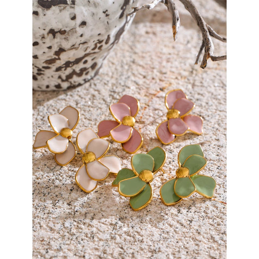 Waterproof flower earrings 18K Gold Plated in pastel pink, green and ivory options