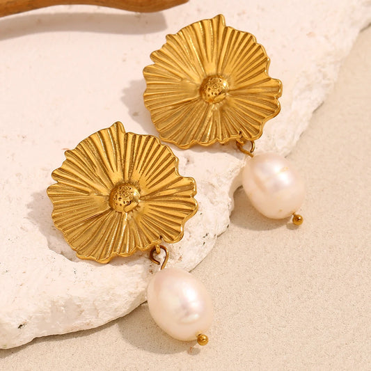 Waterproof Daisy Flower Stud Earrings with dangling fresh pearl - 18K Gold Plated