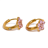 Waterproof Pink Zirconia Flower Hoop Earrings in 18K Gold Plated