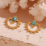  Lace Oval Blue Turquoise Stud Earrings Tarnish Free 18K Gold Plated Women's Earrings 316L Stainless Steel Gift