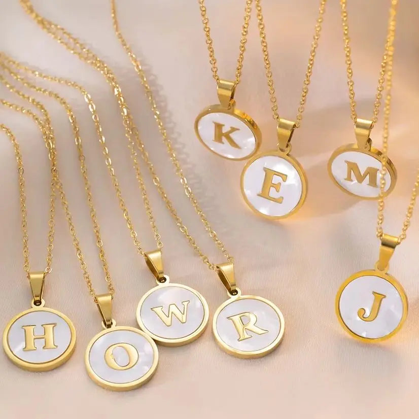 Waterproof White Shell Initial Pendant Necklace premium 18K gold-plated stainless steel 