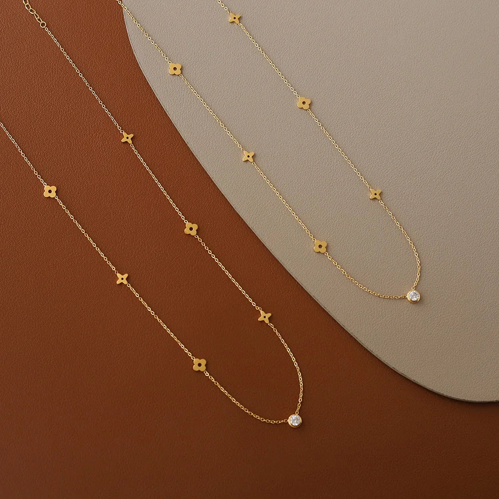  Waterproof Zircon Flower Necklace 18K gold-plated stainless steel and sparkling zircon